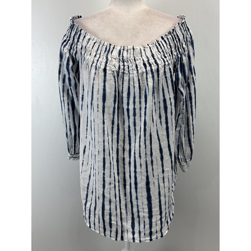 Polo Ralph Lauren 100% Linen Top Shirt Womens L Blue White Off Shoulder Coastal